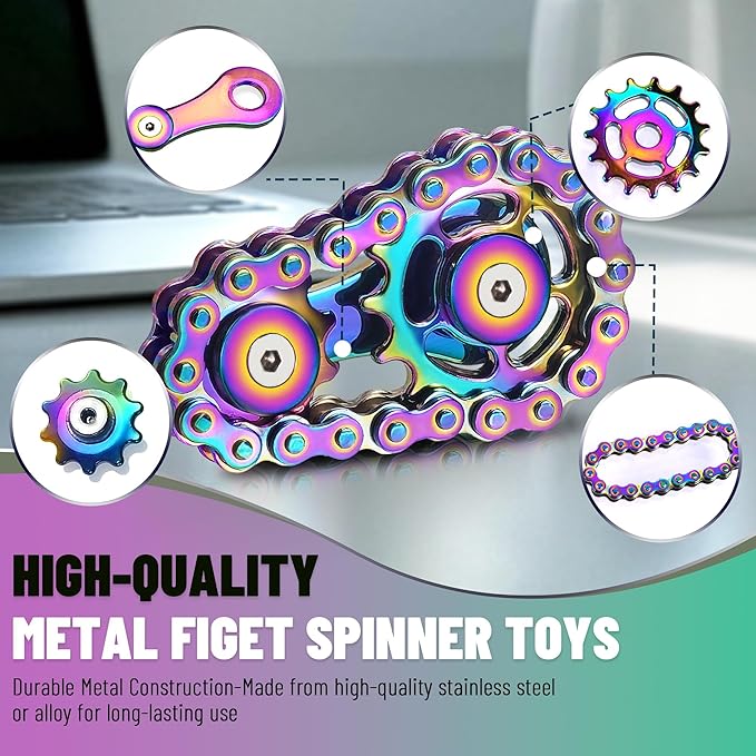 Valentines Day Gifts for Teens Boys Metal Fidget Spinner Toys for Adults Figette Bike Chain Roller Cool Gadgets ADHD Anxiety Stress Relief Items Figet Desk Offices EDC Men - Rainbow+Blue