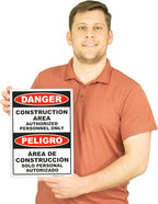 Brimar - 10" x 14" - Bilingual Danger Construction Area Authorized Only Sign - .040″ Rust-Free Aluminum - Bold Text - Easy Installation