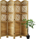 Svimi Room Divider with Shelves, 68.9inch Wood Carved and Louvered Wall Divider Freestanding, 4 Panels Folding Partition Screen for Bedroom Home Office (Natural)