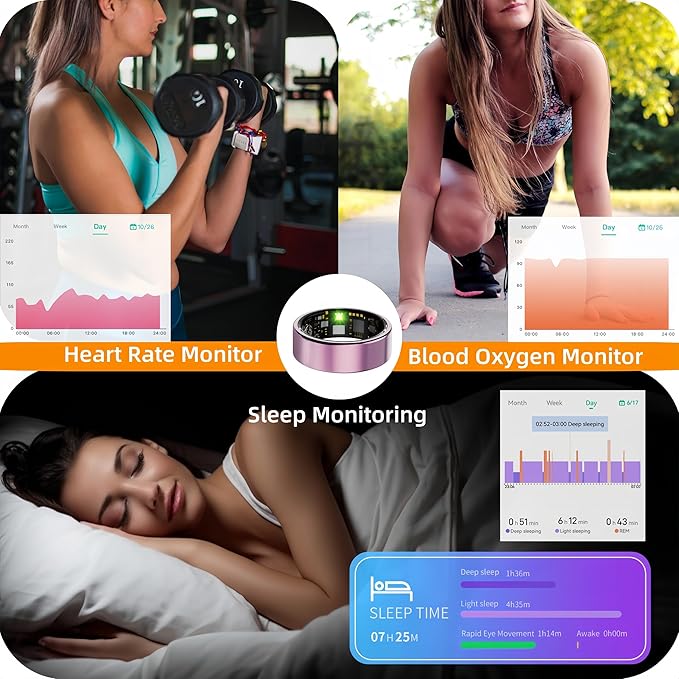 Smart Ring For Women Men, Health Tracker with Heart Rate/Blood Oxygen/Blood Pressure/Sleep Monitor/Step Counting, IP68 Waterproof Fitness ring, No App Fees for IOS & Android (Lavender Pink, 7#)