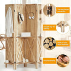 Aleesing 4 Panel Pegboard Display with 16 Hooks, Wooden Pegboard Room Divider Wall with Shelf, Partition Room Dividers and Folding Privacy Screens, Bedroom, Jewelry Store, Natural