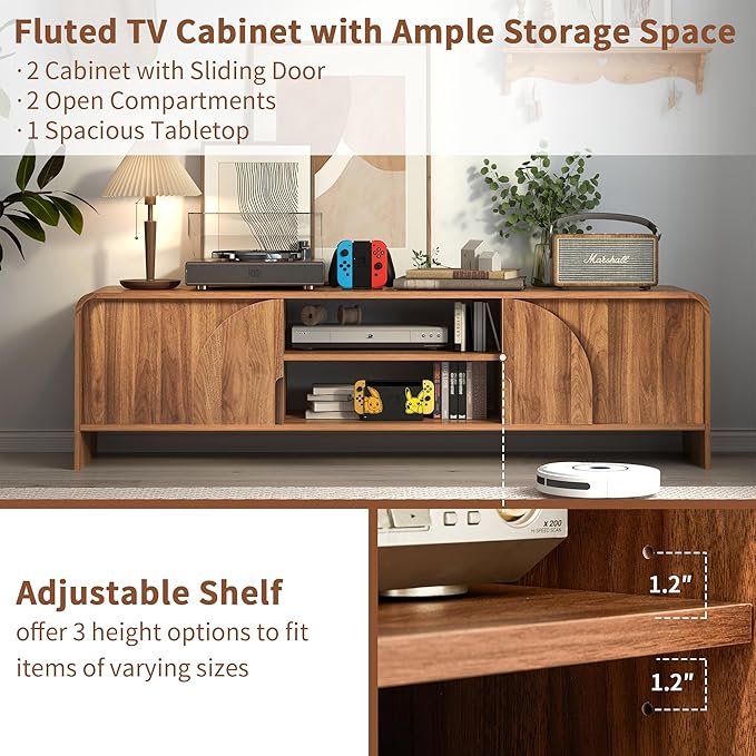 BERRYMERRY 63'' TV Stand for Up to 75" TVs,MCM TV Console Table with Big Arched Handle,Television Stands Entertainment Media Center with Sliding Door for Living Room Bedroom (Walnut)