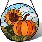DASTOLL Stained Glass Window Hanging Fall Farm Scenery Sunflower Pumpkin Large 15" - Suncatcher Door Garden Kitchen Sunroom Sun Catcher Home Decor Birthday for Mom Grandma Men Woman
