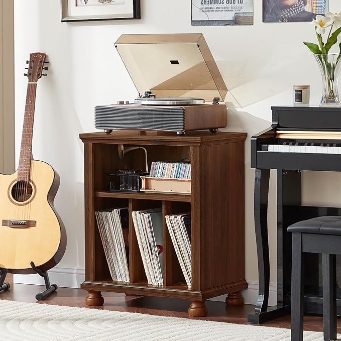 Joaxswe Record Player Stand with Vinyl Record Storage, 24" Wide Mid-Century Record Player Table Up to 200 Albums,Large Wood Turntable Stand Cabinet Dispaly Shelf for Living Room,Bedroom,Brown