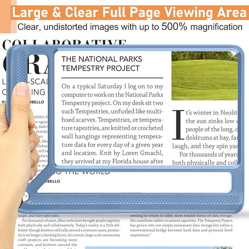 5X Full Page Magnifying Glass for Reading, Lightweight Rectangular Magnifier Provides Large Book Page Viewing Area, Handheld Magnifier for Reading Small Prints for Seniors, Low Vision-Blue