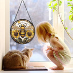 DASTOLL Stained Glass Window Hanging - Bee Sunflower Yellow Suncatcher Ready to Hang Window Doors Home Decoration and Christmas, Mother's Day Birthday Gifts for Women, Men, and Mom 9.8x9.8 in