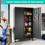 SISESOL Wide & Deep Metal Storage Cabinet with Wheels,Tall Rolling Garage Storage Cabinet with Lock,Black Metal Cabinets with Pegboards and Shelves,Tool Locker for Garage,Home,Office,43''Wx 20''Dx71"H