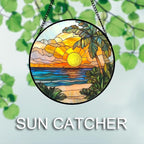 DASTOLL Stained Glass Window Hanging 4 Pcs Set Blue Ocean Coconut Tree Scenery 9.8" - Suncatcher Door Garden Sun Catcher Decor Birthday Christmas for Mom Woman Nana Men