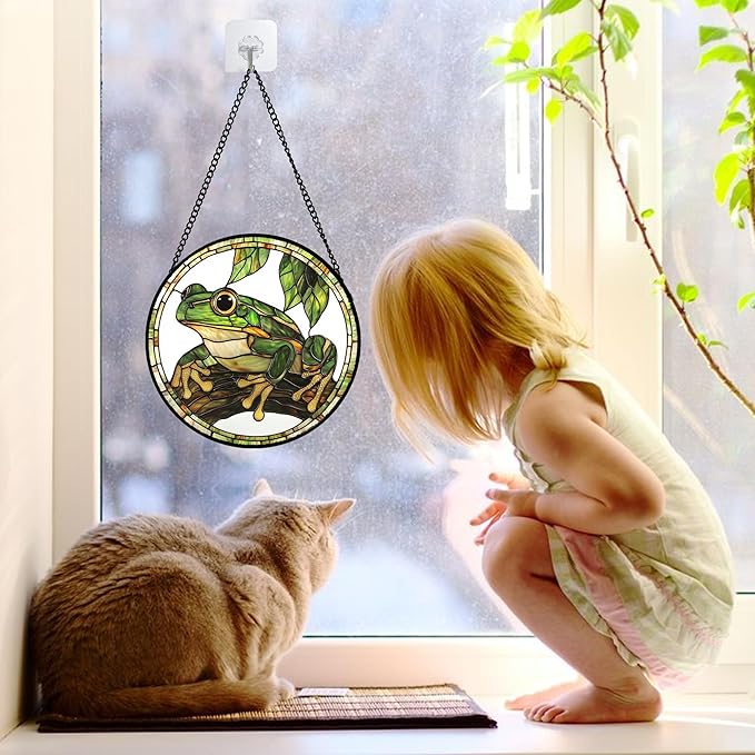 DASTOLL Stained Glass Window Hanging, Frog Green Leaf Sun Catchers Colorful Glass Panel Cool Suncatcher Decor for Birthday for Women, Men, Wife, Aunt, and Mom 6.3 in