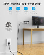 TROND 360° Rotating Plug Power Strip, ETL Listed, Flat Plug 10ft Extension Cord, 2 USB-A and 2 USB-C, Wall Mountable, 7 Widely-Spaced Outlets, 1700J Surge Protector, for Home Office, Black