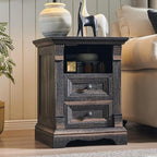 T4TREAM Farmhouse Nightstand Set of 2, 18" Sofa Side Table with Charging Station, Wood End Table w/Roman Column, Bedside Cabinet for Bedroom, Living Room, Dark Rustic Oak