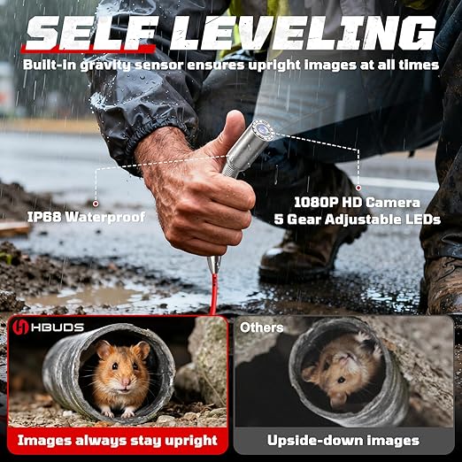 HBUDS Sewer Camera with 512Hz Sonde, Self Leveling 165ft Drain Camera with Meter Counter, 7mm Cable, 9" HD Screen 1080P Plumbing Cameras Snake with Light, 5100mAh Battery Pipe Inspection DVR 32GB