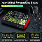 Audio Mixer, Sound Board for Pc/Phone Live Streaming Singing Gaming, Sound Mixer for 3.5/6.35mm Dynamic Microphone, Live Sound Card with DJ Mixer Effects & Voice Changer, Denoise, One Click Mute