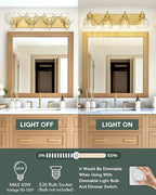 METWET Bathroom Light Fixtures Over Mirror, 26" Brushed Gold Bathroom Vanity Light with Clear Hammered Glass Globe Shade, 4-Light Modern Sconces Wall Lighting, VL200-BG-CL-4