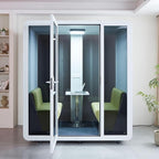 GEARONIC Mobile Office Pod Booth, Sound Proof Office Pod Booth with Mobile Roller, Larger Space for 2-4 People, LED Lighting System,Fans and AC USB Ports（White-Grey）
