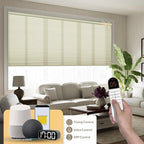 Boolegon No Drill Motorized Cellular Blinds with Remote Motorized Blackout Honeycomb Blinds for Indoor Windows Easy to Install Automatic Cellular Shades for Home,Light Filtering Beige,Custom Size