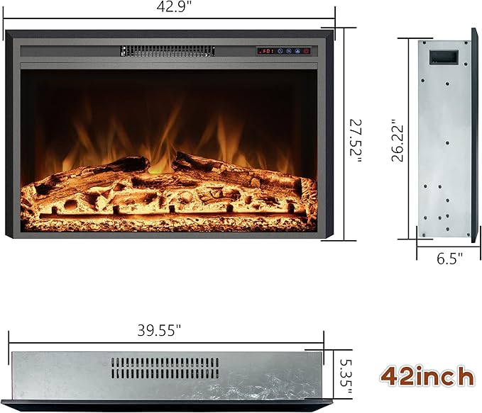 Electric Fireplace, 43" Electric Fireplace Inserts, Recessed Fireplace Heater with Remote Control, Adjustable Flame Colors, Timer&Overheating Protection, 750/1500W