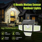 daphino 3000LM Solar Lights Outdoor with Motion Sensor,4 Head 270° Wide Angle Street Area Lights,IP65 Waterproof Security Lighting with 3 Modes(Remote,2 Pcs)