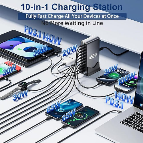 650W USB C Fast Charger Block, Dual PD3.1 140W 10 Port USB Charging Station, GaN Ⅲ Pro PD PPS Fast Charging Station for Multiple Devices,Laptop Wall Charger Compatible with iPhone 17/iPad/MacBook etc
