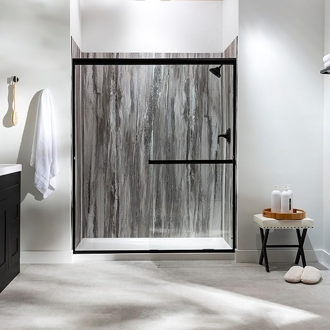 Palisade 78in x 60in x 36in Waterproof Vinyl Shower Surround Kit with Accessories in Louvre Granite