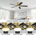 WINGBO 48" DC Flush Mount Ceiling Fan with Lights, 6-Speed Reversible DC Motor, 3CCT, Low Profile Hugger Ceiling Fan for Living Room Bedroom Kitchen, Brass Finish and Black/White Blades