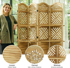 Svimi Room Divider with Shelves, 68.9inch Wood Carved and Louvered Wall Divider Freestanding, 4 Panels Folding Partition Screen for Bedroom Home Office (Natural)