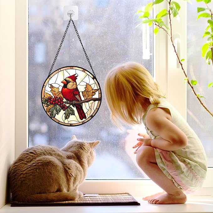 DASTOLL Stained Glass Window Hanging, Birds on a Branch Cardinal Sun Catchers Diamond Glass Panel Hangings Suncatcher Decor for Birthday for Women, Men, Wife, Aunt, and Mom 6.3 in