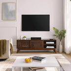 LKTART TV Stand for TVs up to 65'',Mid Century Modern Entertainment Center with Rattan Sliding Door,Boho Media Console for Living Room(Dark Walnut, 59")