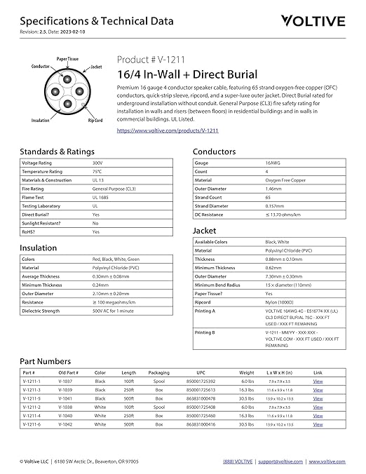 Voltive 16/4 Speaker Wire, in-Wall CL3 & Direct Burial, White, 100ft - 16AWG, 4 Conductors, Stranded Oxygen-Free Copper, UL Listed - V-1211-2