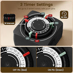 SURAIELEC Mechanical Timer with 2 Grounded Outlets, Indoor Electrical Plug in Timer with Trippers, 24-Hour Programmable and 3 Prong Outlets for Christmas Decorations, Plant Lights, Fan, 15A, Black