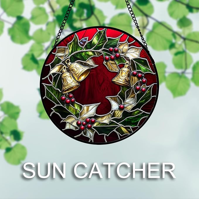 AMDERVEN Stained Glass Window Hanging 4 Pcs Set Christmas Golden Bell Sleigh 7.8" - Suncatcher Door Garden Sun Catcher Decor Birthday Mother's Day Xmas Gifts for Mom Woman Nana Men Parents