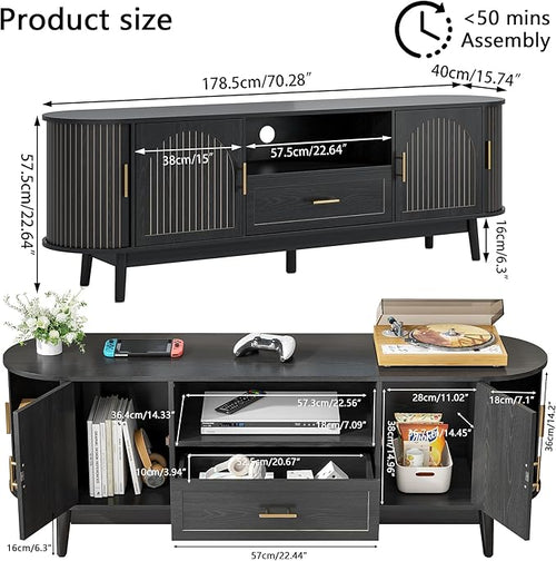 70" Fluted TV Stand for Tvs up to 80", Mid-Century Modern Entertainment Center with Drawers and Fluted Doors, Curved TV Media Console Table with Sliding Doors for Living Room, Bedroom (70" Black)