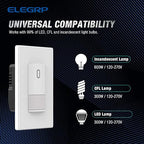 ELEGRP Single Pole Occupancy Motion Sensor Light Switch, Need Grounding Wire No Neutral Wire, 120° Sensor Coverage PIR Infrared Motion Activated, for CFL/LED/Incandescent Bulb, UL,1 Pack, Matte White