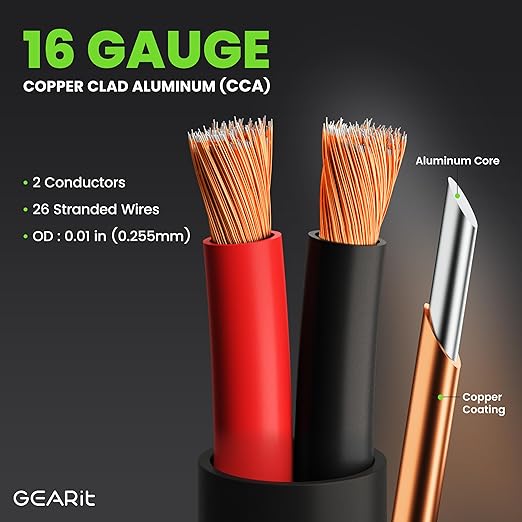 GEARit Outdoor Speaker Wire CL3 Rated, 16 Gauge Speaker Wire, Speaker Cable 200 ft for Outdoor Speakers, Patio, Garden, Backyard Audio, Direct Burial in Ground/in Wall, CCA (Black, 2-Conductors)