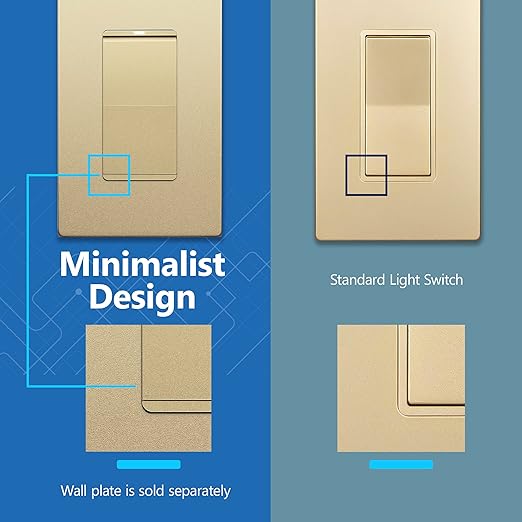 LIDER Minimalist Design Matte Finish Lighted Decorator Switch, Frameless Paddle Light Switch with Locator Light, Grounding Screw, 3-Way or Single Pole, 15A 120V, UL Listed, LS15-3W-GD5P, Gold, 5 Pack