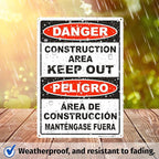 Brimar - 10" x 14" - Bilingual Danger Construction Area Keep Out Sign - .055″ Polyethylene Plastic - Bold Text - Easy Installation
