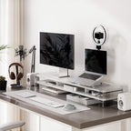 Fenge Acrylic Monitor Stand Riser, Clear Dual Acrylic Computer Monitor Stand for 2 Monitors, 2 Tier Wood Office Desk Storage Organizer for Laptop, Computer, TV Stand