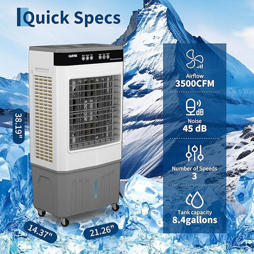 8.4 Gal Portable Evaporative Air Cooler, 3200 CFM Cooler with Remote Timer, 3 Speeds 120° Oscillation 3-Side Cooling Pads, Auto-Swing for Home Workshop Office Garage
