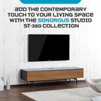 SONOROUS ST-360 Premium TV Stand for Living Room – Modern TV Stands & Entertainment Center with Storage – Black Glass & Walnut Wood Cover – Luxury Media Console with Metal Legs for TVs up to 75 inches