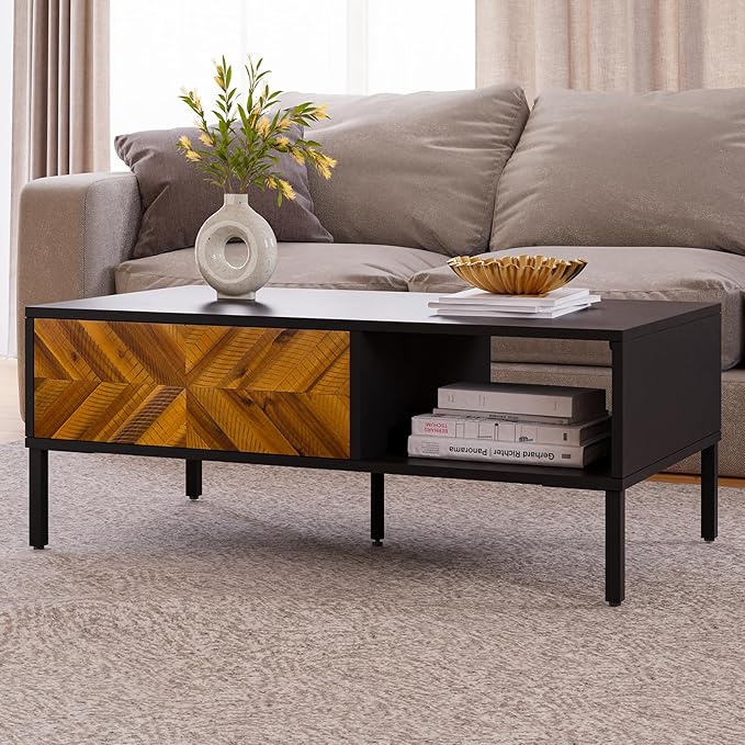 Bme Vivian Coffee Table, Solid Acacia Wood Living Room Center Table, Rustic Golden Brown Mid Century Modern Rectangular Coffee Table with Metal Legs, Sturdy Wooden Table for Home Décor