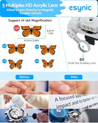 eSynic Type-C Rechargeable Magnifying Glasses Headset-Up to 14X Magnification with 5 Interchangeable Lense-3 LED Lights with 2 Adjustable Brightness Levels-Comfort & Fit Headband for Crafts/Reading