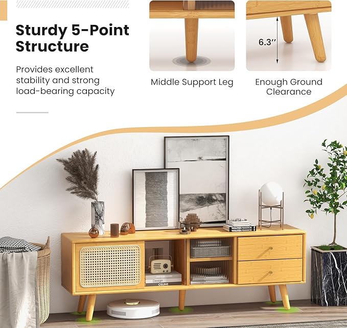 Giantex Mid Century Modern TV Stand for TVs up to 65", Wood Entertainment Center with Open Storage Shelves, PE Rattan Sliding Doors & Drawers, Media TV Console Table for Living Room (Natural)