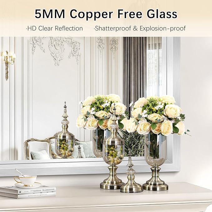 30x55 Silver Bathroom Mirror, Brushed Silver Rectangular Mirror for Wall, 0.6" Thickened Deep Frame Mirrors for Bathroom Sink, Shatterproof Tempered Glass, Antirust, Horizontally or Vertically