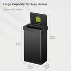 EKO Deluxe Mirage-T 50 Liter / 13.2 Gallon Touchless Rectangular Motion Sensor Trash Can, Matte Black Stainless Steel Finish