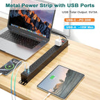 QBA 8 Outlet Metal Power Strip with USB C PD 20W, Heavy Duty Wide Spaced Outlets, Wall Mount for Home Office Garage Workshop, 6ft Cord, Black