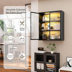 Bathroom Wall Cabinet Over Toilet, Metal Laundry Room Cabinets Wall Mounted, Metal Medicine Cabinets with Glass Doors, Hanging Wall Cabinets for Living Room, Black