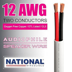 NATIONAL Wire&Cable - 12/2 Audiophile Speaker Wire (100 Feet) 12AWG Gauge - Made in USA - in Wall Audio Speaker Wire Cable/CL Rated/ETL Listed / 2 Conductors - OFC Oxygen-Free Copper, White 100ft