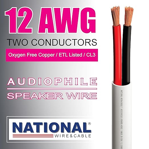 NATIONAL Wire&Cable - 12/2 Audiophile Speaker Wire (1000 Feet) 12AWG Gauge - Made in USA - in Wall Audio Speaker Wire Cable/CL Rated/ETL Listed / 2 Conductors - Oxygen-Free Copper, White 1000ft