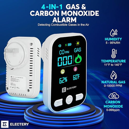4‑in‑1 Upgraded Natural Gas Leak Detector & Carbon Monoxide Detectors Plug‑in with Dual Sensor, LCD Display Alarms, Temperature & Humidity Monitor for Home & RV
