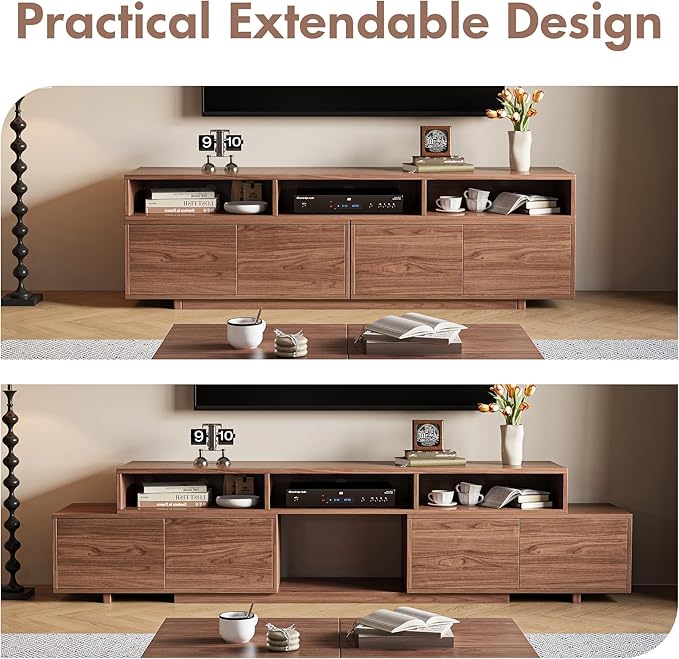 Extendable TV Stand for 65-100 Inches TVs - Walnut Entertainment Console with 2 Cabinets, 3 Open Compartments & 1 Adjustable Shelf, Cable Management, Adjustable Length 63''-94.5'' (Walnut, 63"-94.5")